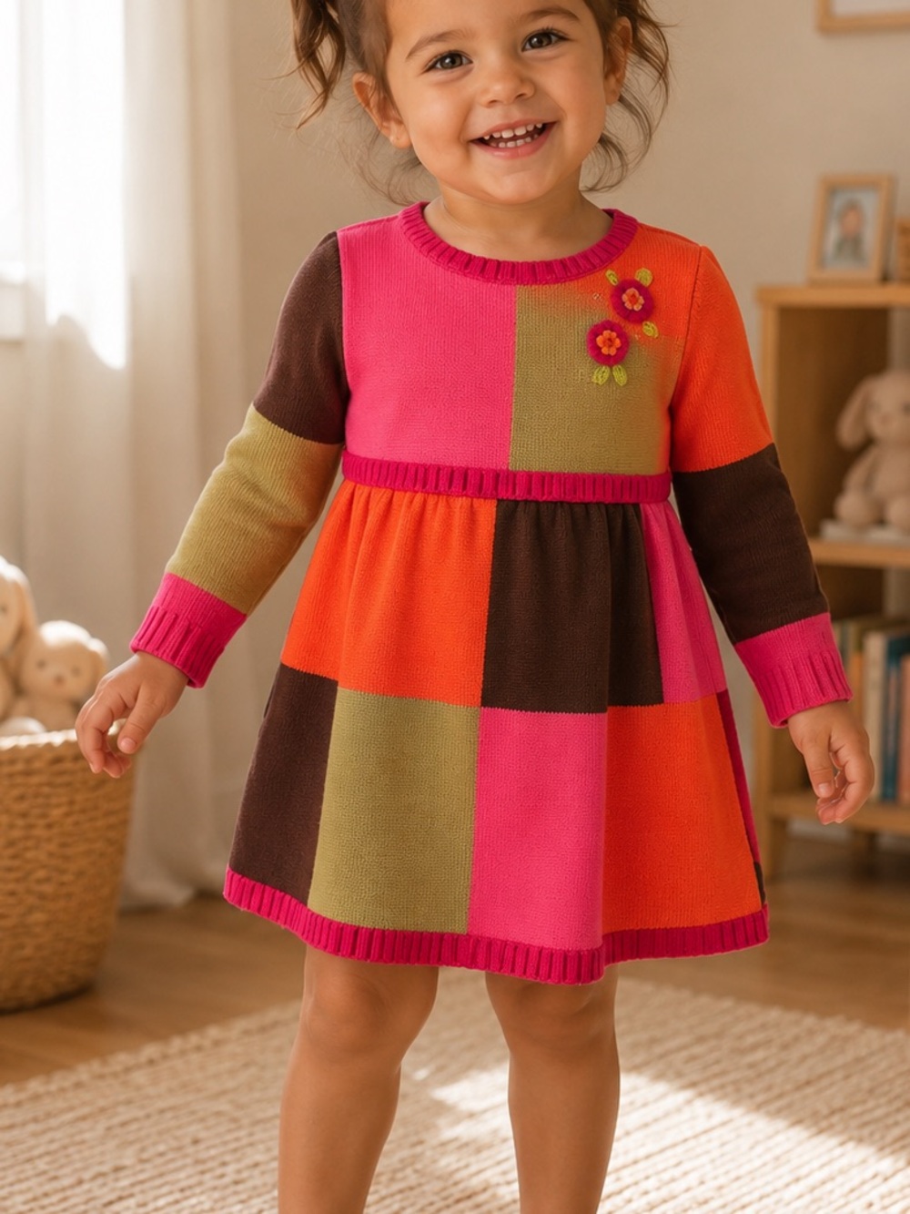 Hanna Andersson Colorblock Knit Dress in Pink Patchwork Floral Cottagecore